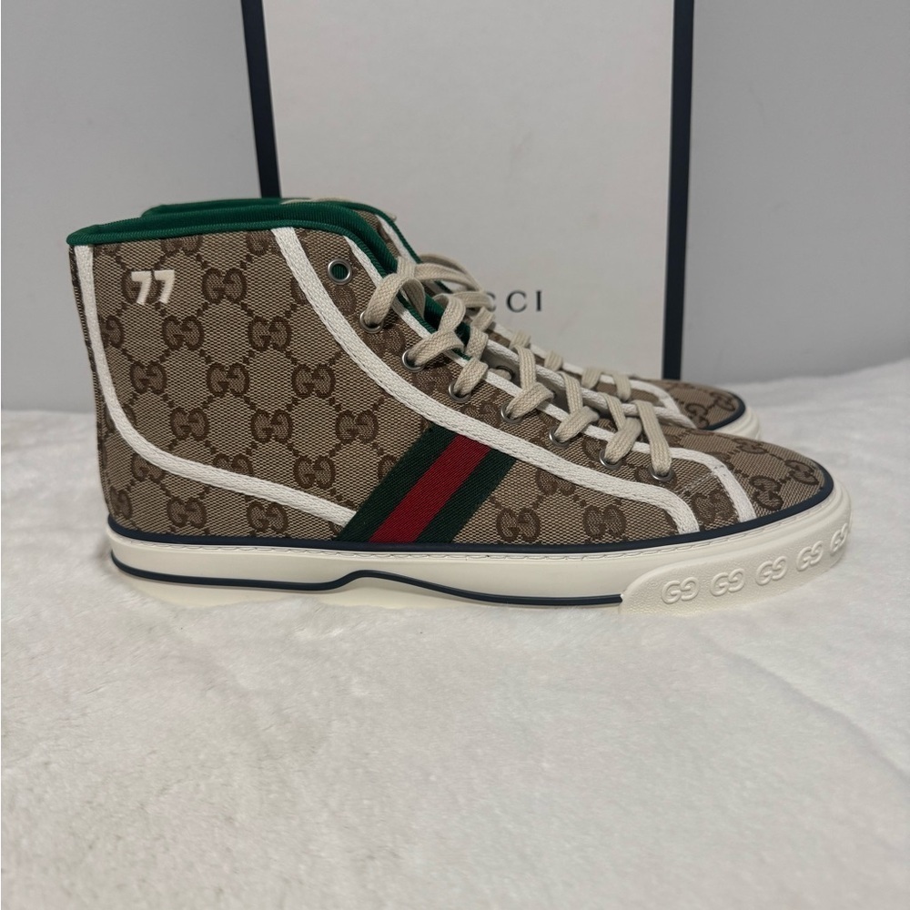 Gucci Beige GG Canvas High-Top Sneaker with Green & Red Web